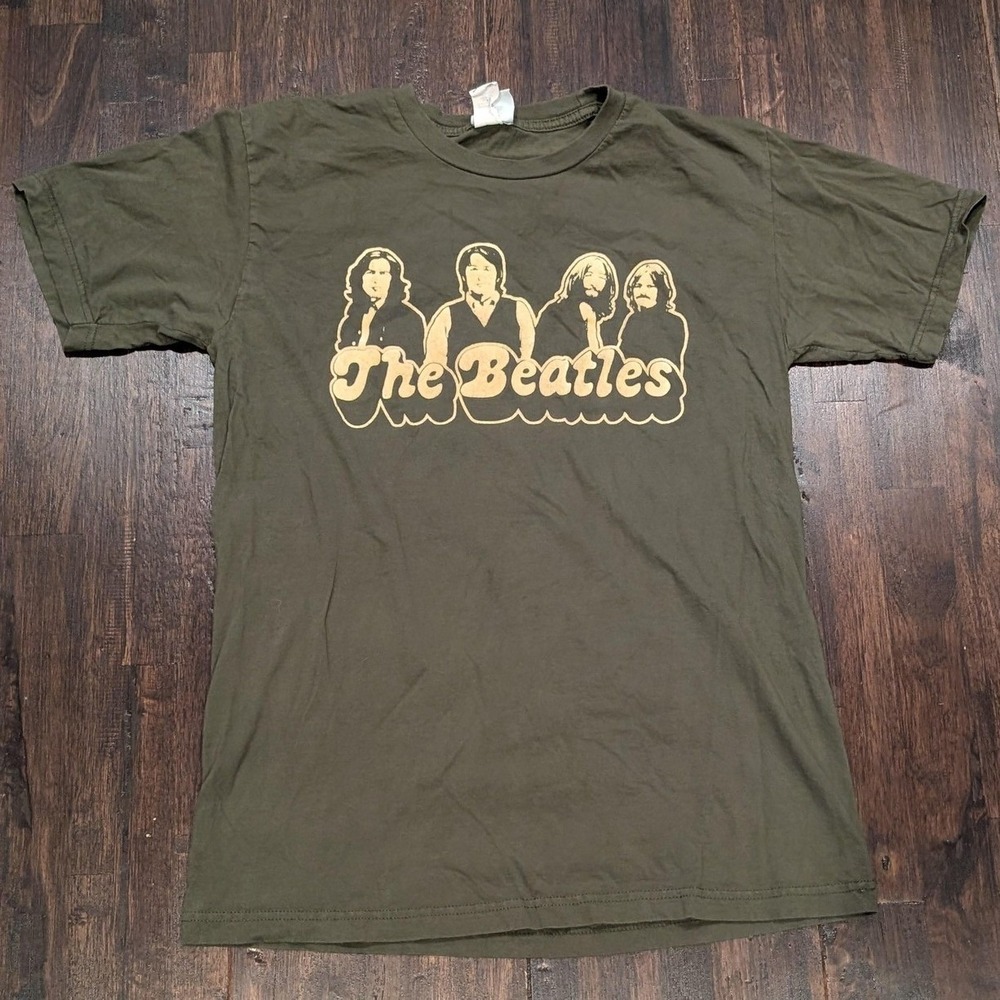 Vintage Y2K 2006 The Beatles Shirt Fuzzy Print Mens M Band Tee Green Cream Retro